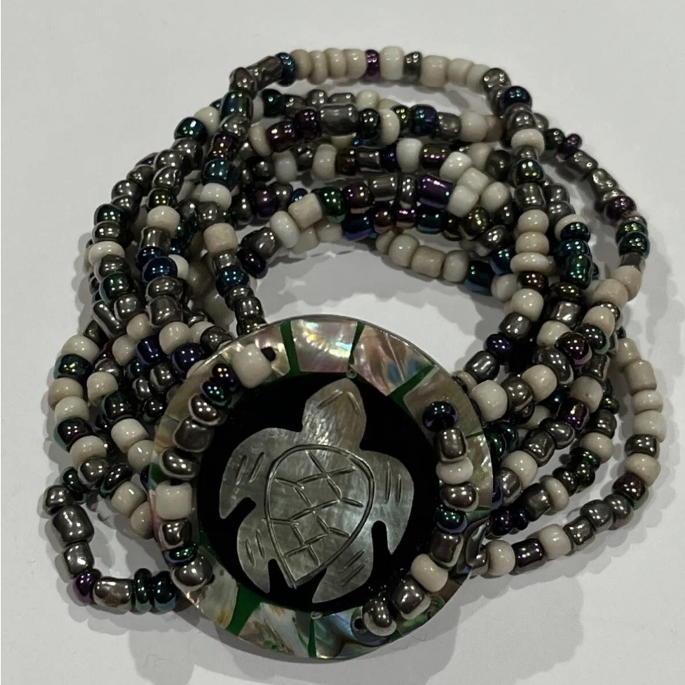 Mother Of Pearl Abalone Turtle Layered Beaded Stretch Bracelet